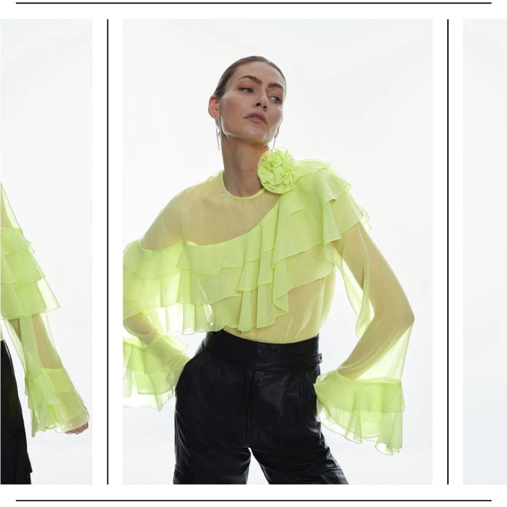 KAREN MILLEN Chiffon Rosette Ruffle Blouse. Size US 6.